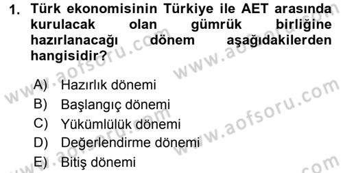 Avrupa Birliği ve Türkiye İlişkileri Dersi 2016 - 2017 Yılı (Vize) Ara Sınavı 1. Soru