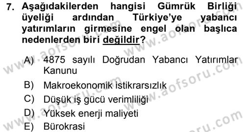 Avrupa Birliği ve Türkiye İlişkileri Dersi 2016 - 2017 Yılı (Vize) Ara Sınavı 7. Soru