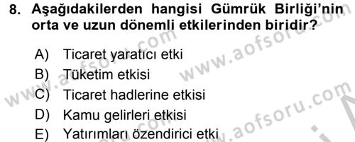 Avrupa Birliği ve Türkiye İlişkileri Dersi 2016 - 2017 Yılı (Vize) Ara Sınavı 8. Soru