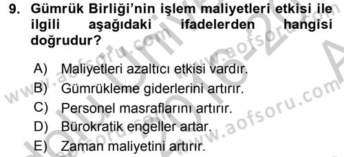 Avrupa Birliği ve Türkiye İlişkileri Dersi 2016 - 2017 Yılı (Vize) Ara Sınavı 9. Soru