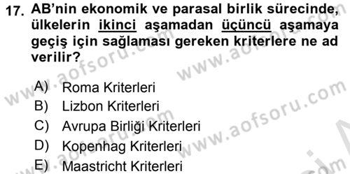 Avrupa Birliği ve Türkiye İlişkileri Dersi 2016 - 2017 Yılı (Final) Dönem Sonu Sınav Soruları 17. Soru