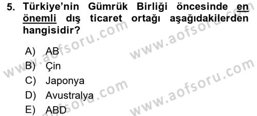 Avrupa Birliği ve Türkiye İlişkileri Dersi 2017 - 2018 Yılı 3 Ders Sınav Soruları 5. Soru