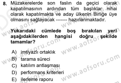 Avrupa Birliği ve Türkiye İlişkileri Dersi 2017 - 2018 Yılı 3 Ders Sınav Soruları 8. Soru