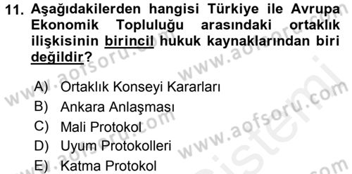 Avrupa Birliği ve Türkiye İlişkileri Dersi 2017 - 2018 Yılı (Vize) Ara Sınav Soruları 11. Soru