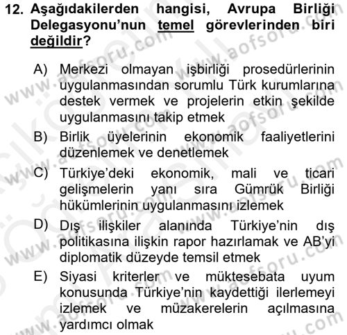 Avrupa Birliği ve Türkiye İlişkileri Dersi 2017 - 2018 Yılı (Vize) Ara Sınav Soruları 12. Soru