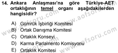 Avrupa Birliği ve Türkiye İlişkileri Dersi 2017 - 2018 Yılı (Vize) Ara Sınav Soruları 14. Soru