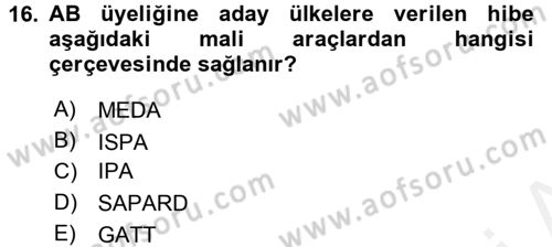 Avrupa Birliği ve Türkiye İlişkileri Dersi 2017 - 2018 Yılı (Vize) Ara Sınav Soruları 16. Soru