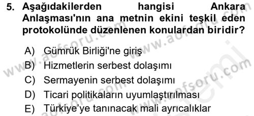 Avrupa Birliği ve Türkiye İlişkileri Dersi 2017 - 2018 Yılı (Vize) Ara Sınav Soruları 5. Soru