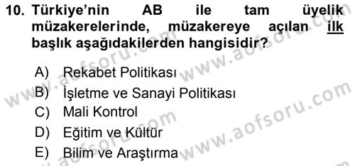 Avrupa Birliği ve Türkiye İlişkileri Dersi 2018 - 2019 Yılı 3 Ders Sınav Soruları 10. Soru