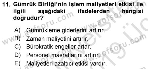 Avrupa Birliği ve Türkiye İlişkileri Dersi 2018 - 2019 Yılı 3 Ders Sınav Soruları 11. Soru