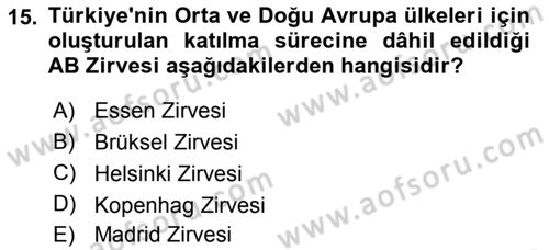 Avrupa Birliği ve Türkiye İlişkileri Dersi 2018 - 2019 Yılı 3 Ders Sınavı 15. Soru