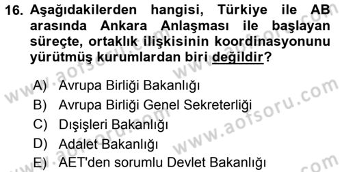 Avrupa Birliği ve Türkiye İlişkileri Dersi 2018 - 2019 Yılı 3 Ders Sınav Soruları 16. Soru