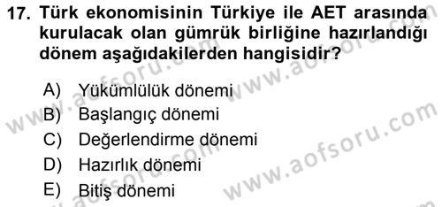 Avrupa Birliği ve Türkiye İlişkileri Dersi 2018 - 2019 Yılı 3 Ders Sınavı 17. Soru