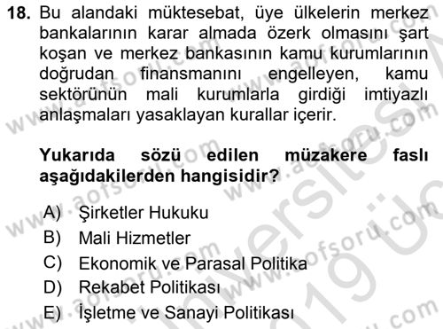 Avrupa Birliği ve Türkiye İlişkileri Dersi 2018 - 2019 Yılı 3 Ders Sınav Soruları 18. Soru
