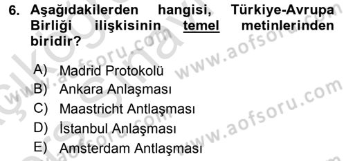 Avrupa Birliği ve Türkiye İlişkileri Dersi 2018 - 2019 Yılı 3 Ders Sınav Soruları 6. Soru
