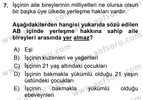 Avrupa Birliği ve Türkiye İlişkileri Dersi 2018 - 2019 Yılı 3 Ders Sınavı 7. Soru