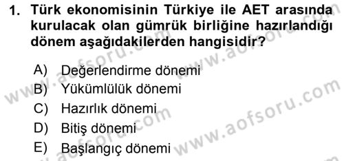 Avrupa Birliği ve Türkiye İlişkileri Dersi 2018 - 2019 Yılı (Vize) Ara Sınav Soruları 1. Soru