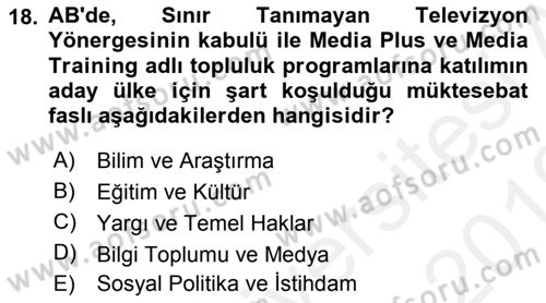 Avrupa Birliği ve Türkiye İlişkileri Dersi 2018 - 2019 Yılı (Vize) Ara Sınav Soruları 18. Soru