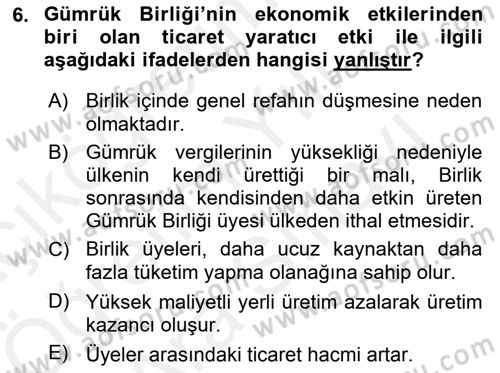 Avrupa Birliği ve Türkiye İlişkileri Dersi 2018 - 2019 Yılı (Vize) Ara Sınav Soruları 6. Soru