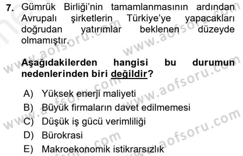 Avrupa Birliği ve Türkiye İlişkileri Dersi 2018 - 2019 Yılı (Vize) Ara Sınav Soruları 7. Soru