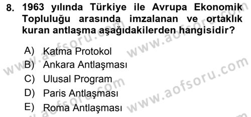 Avrupa Birliği ve Türkiye İlişkileri Dersi 2018 - 2019 Yılı (Vize) Ara Sınav Soruları 8. Soru