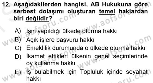 Avrupa Birliği ve Türkiye İlişkileri Dersi 2018 - 2019 Yılı (Final) Dönem Sonu Sınav Soruları 12. Soru