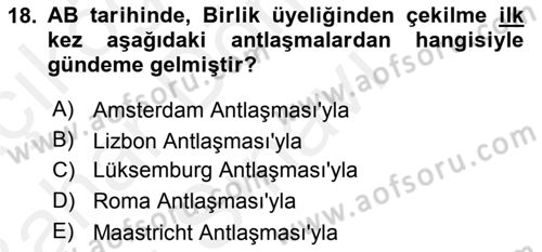 Avrupa Birliği ve Türkiye İlişkileri Dersi 2018 - 2019 Yılı (Final) Dönem Sonu Sınav Soruları 18. Soru