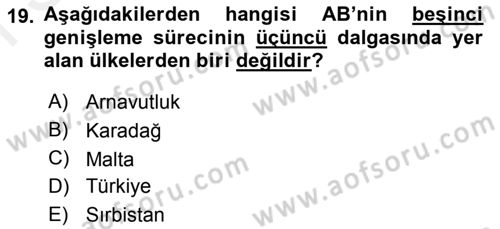 Avrupa Birliği ve Türkiye İlişkileri Dersi 2018 - 2019 Yılı (Final) Dönem Sonu Sınav Soruları 19. Soru