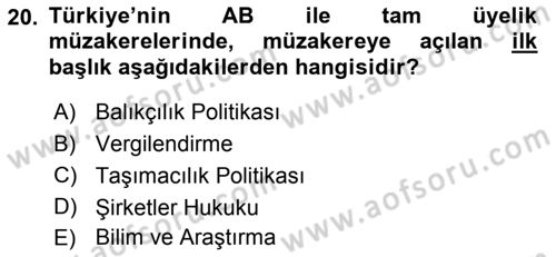 Avrupa Birliği ve Türkiye İlişkileri Dersi 2018 - 2019 Yılı (Final) Dönem Sonu Sınavı 20. Soru