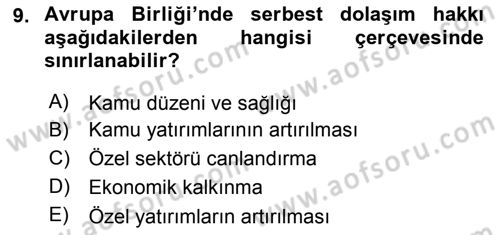 Avrupa Birliği ve Türkiye İlişkileri Dersi 2018 - 2019 Yılı (Final) Dönem Sonu Sınav Soruları 9. Soru