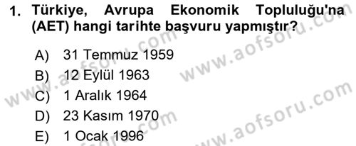 Avrupa Birliği ve Türkiye İlişkileri Dersi 2018 - 2019 Yılı Yaz Okulu Sınavı 1. Soru