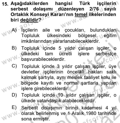 Avrupa Birliği ve Türkiye İlişkileri Dersi 2018 - 2019 Yılı Yaz Okulu Sınav Soruları 15. Soru