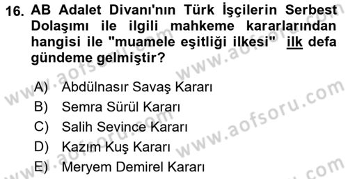 Avrupa Birliği ve Türkiye İlişkileri Dersi 2018 - 2019 Yılı Yaz Okulu Sınavı 16. Soru