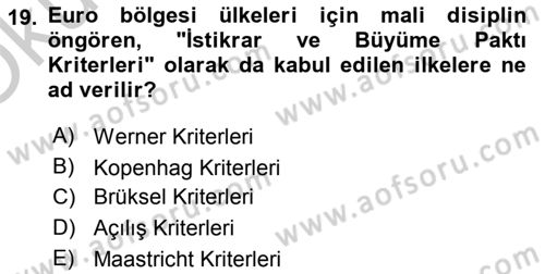Avrupa Birliği ve Türkiye İlişkileri Dersi 2018 - 2019 Yılı Yaz Okulu Sınav Soruları 19. Soru