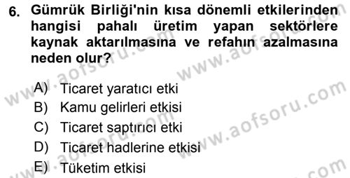 Avrupa Birliği ve Türkiye İlişkileri Dersi 2018 - 2019 Yılı Yaz Okulu Sınavı 6. Soru