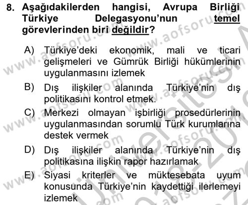 Avrupa Birliği ve Türkiye İlişkileri Dersi 2018 - 2019 Yılı Yaz Okulu Sınav Soruları 8. Soru