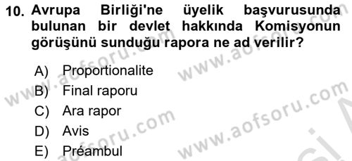 Avrupa Birliği ve Türkiye İlişkileri Dersi 2020 - 2021 Yılı Yaz Okulu Sınav Soruları 10. Soru