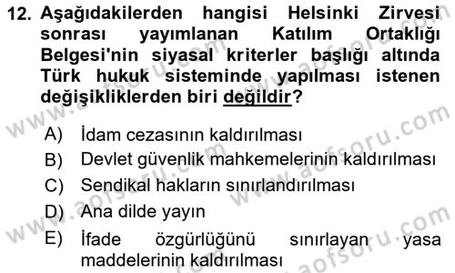 Avrupa Birliği ve Türkiye İlişkileri Dersi 2020 - 2021 Yılı Yaz Okulu Sınav Soruları 12. Soru