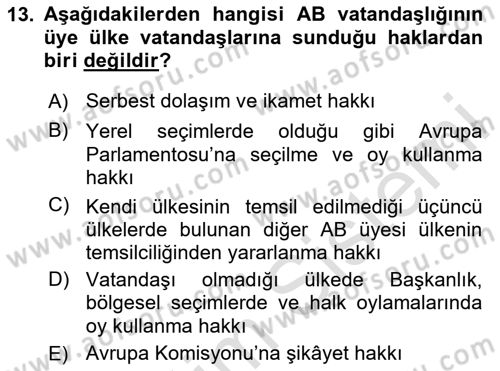 Avrupa Birliği ve Türkiye İlişkileri Dersi 2020 - 2021 Yılı Yaz Okulu Sınav Soruları 13. Soru