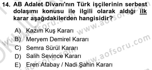 Avrupa Birliği ve Türkiye İlişkileri Dersi 2020 - 2021 Yılı Yaz Okulu Sınav Soruları 14. Soru