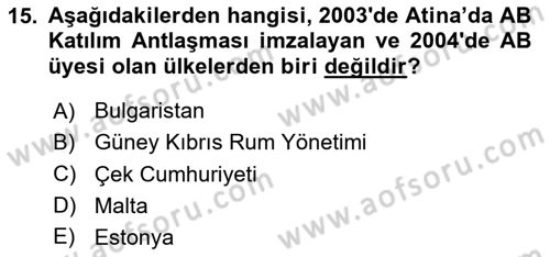 Avrupa Birliği ve Türkiye İlişkileri Dersi 2020 - 2021 Yılı Yaz Okulu Sınav Soruları 15. Soru