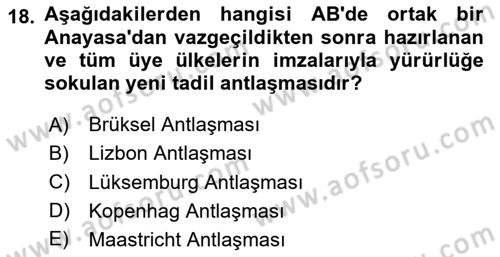 Avrupa Birliği ve Türkiye İlişkileri Dersi 2020 - 2021 Yılı Yaz Okulu Sınavı 18. Soru