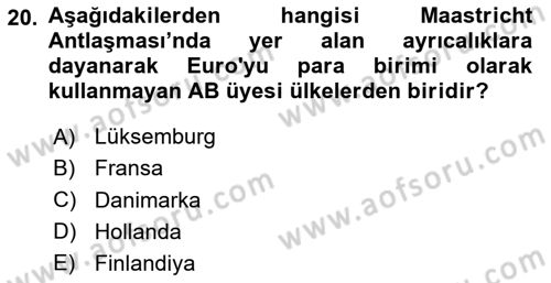 Avrupa Birliği ve Türkiye İlişkileri Dersi 2020 - 2021 Yılı Yaz Okulu Sınavı 20. Soru