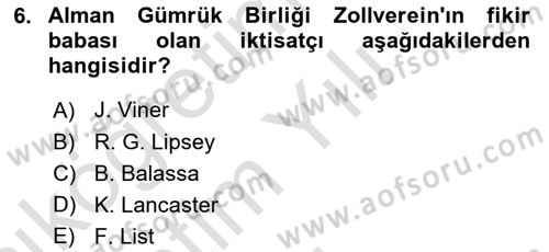 Avrupa Birliği ve Türkiye İlişkileri Dersi 2020 - 2021 Yılı Yaz Okulu Sınav Soruları 6. Soru