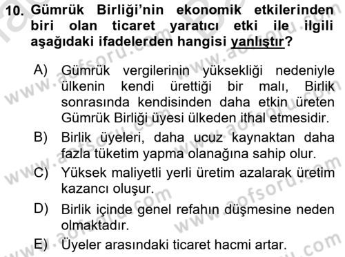 Avrupa Birliği ve Türkiye İlişkileri Dersi 2021 - 2022 Yılı (Vize) Ara Sınavı 10. Soru