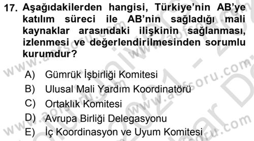 Avrupa Birliği ve Türkiye İlişkileri Dersi 2021 - 2022 Yılı (Vize) Ara Sınav Soruları 17. Soru