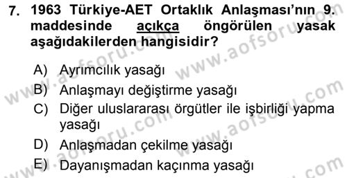 Avrupa Birliği ve Türkiye İlişkileri Dersi 2021 - 2022 Yılı (Vize) Ara Sınav Soruları 7. Soru