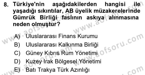 Avrupa Birliği ve Türkiye İlişkileri Dersi 2021 - 2022 Yılı (Vize) Ara Sınavı 8. Soru