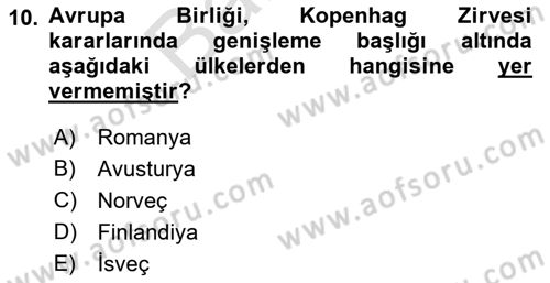 Avrupa Birliği ve Türkiye İlişkileri Dersi 2021 - 2022 Yılı (Final) Dönem Sonu Sınav Soruları 10. Soru