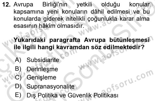 Avrupa Birliği ve Türkiye İlişkileri Dersi 2021 - 2022 Yılı (Final) Dönem Sonu Sınavı 12. Soru